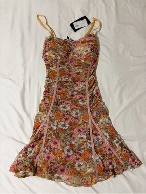 Fashion Nova Pink & Orange Floral Ruched Spaghetti-Strap Mini Dress